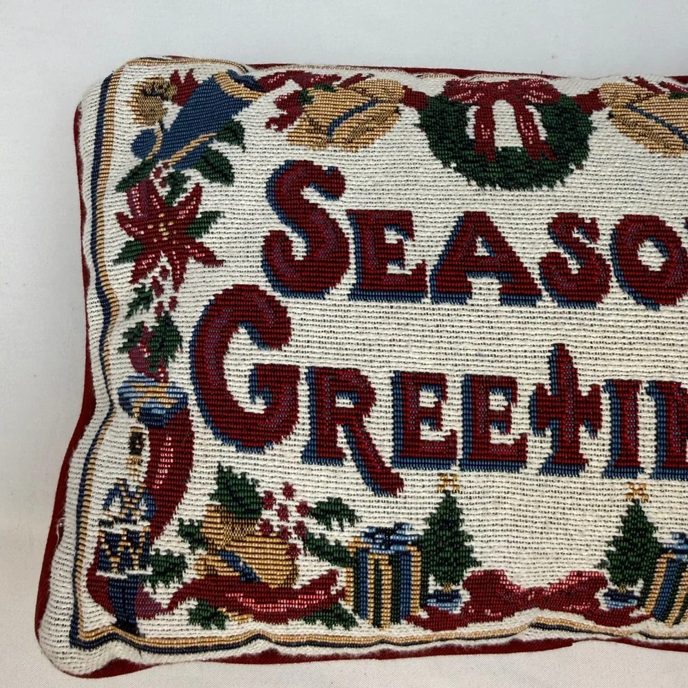 Vintage Seasons Greetings Tapestry Christmas Accent Pillow Woven Holiday Decor